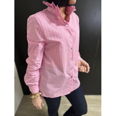 Chemise rose rayée bleu marine col victorien – Chemise femme 100% coton