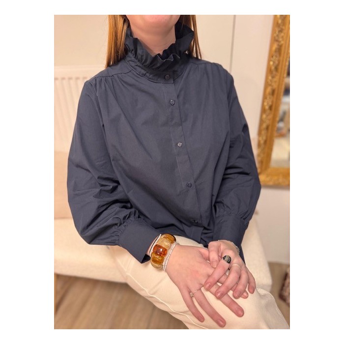 Chemise bleu marine col victorien 100% coton – Chemise femme élégante