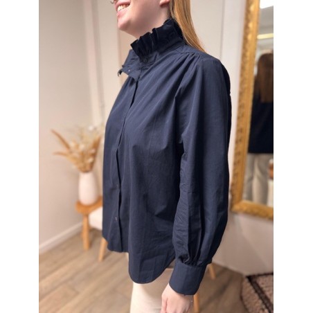 Chemise bleu marine col victorien 100% coton – Chemise femme élégante