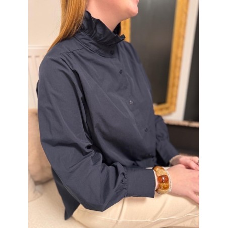 Chemise bleu marine col victorien 100% coton – Chemise femme élégante