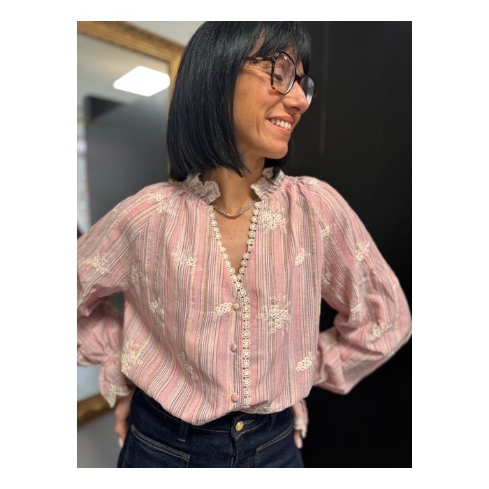Chemise rose brodée femme | Melle Jeanne