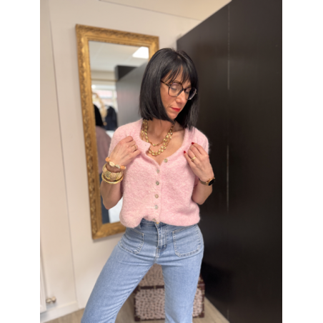 Gilet manches courtes col rond rose ou vert | Taille unique 36-42