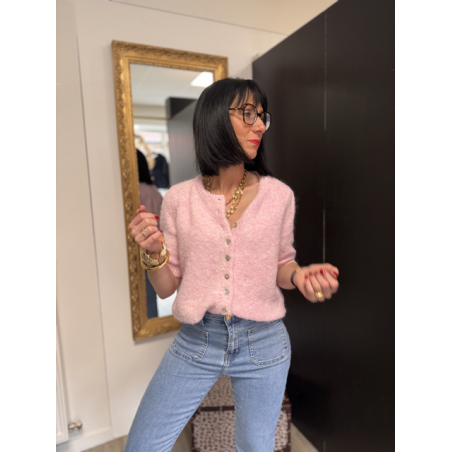 Gilet manches courtes col rond rose ou vert | Taille unique 36-42