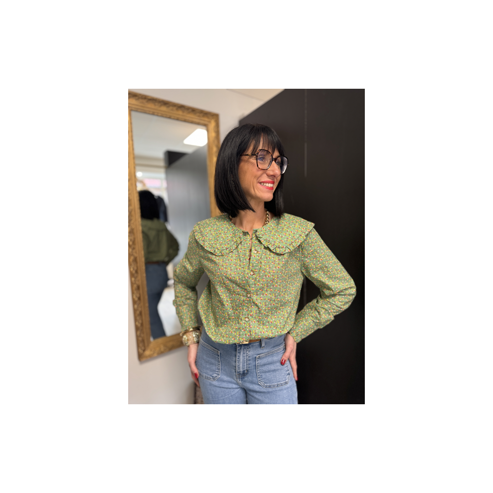 Chemise verte à petites fleurs col Claudine | S/M ou M/L