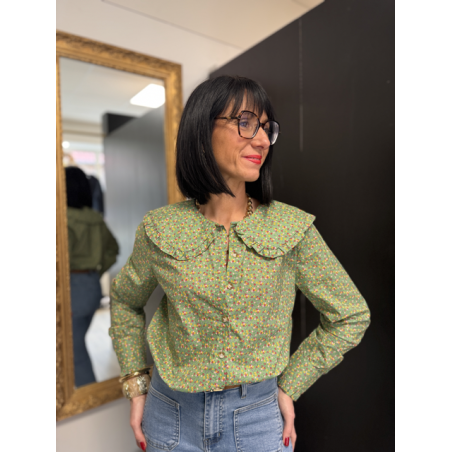 Chemise verte à petites fleurs col Claudine | S/M ou M/L