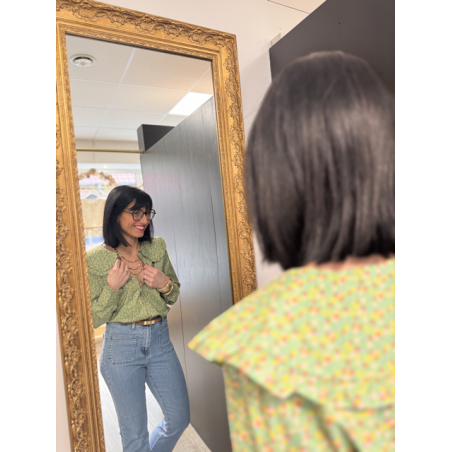 Chemise verte à petites fleurs col Claudine | S/M ou M/L