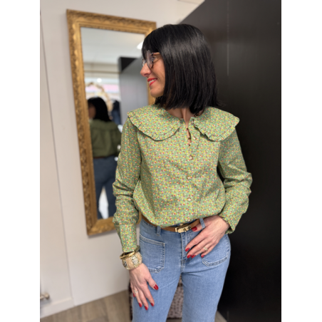 Chemise verte à petites fleurs col Claudine | S/M ou M/L