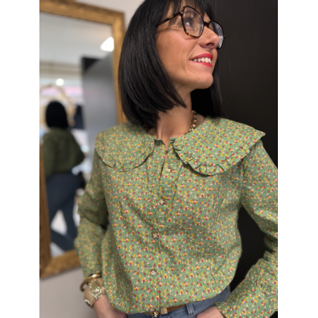 Chemise verte à petites fleurs col Claudine | S/M ou M/L