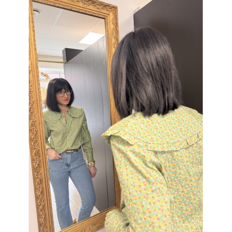 Chemise verte à petites fleurs col Claudine | S/M ou M/L