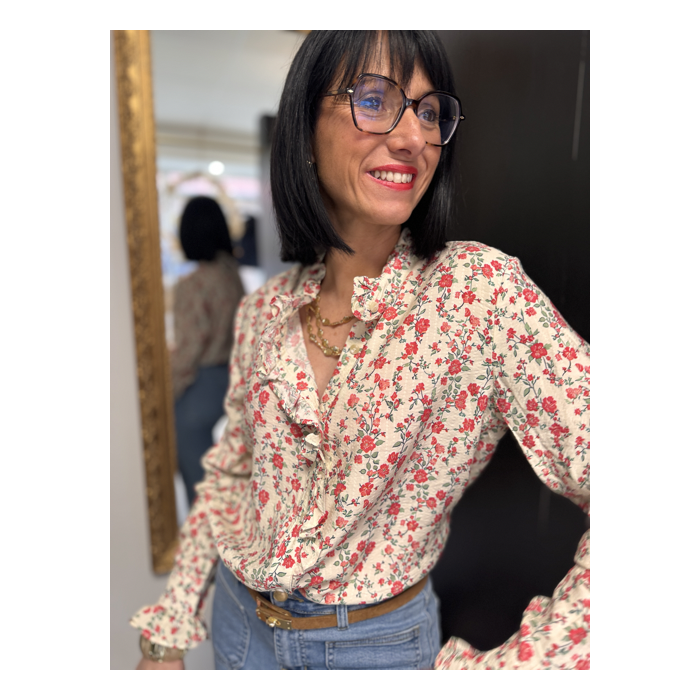 Blouse fleurie col volanté femme | S/M ou M/L