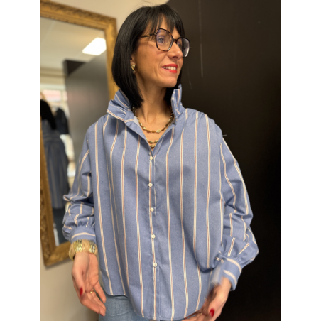 Chemise col victorien rayée bleu blanc bordeaux | S, M, L