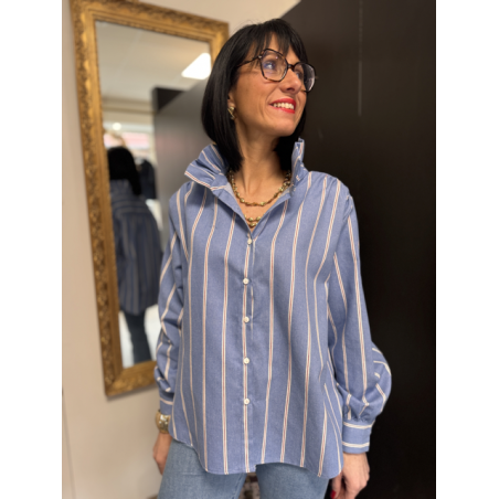 Chemise col victorien rayée bleu blanc bordeaux | S, M, L