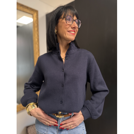 Gilet maille épaisse col victorien bleu marine ou ciel | Taille unique 36-40