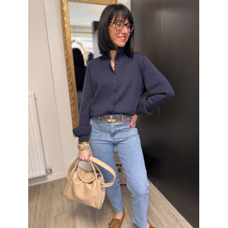 Gilet maille épaisse col victorien bleu marine ou ciel | Taille unique 36-40