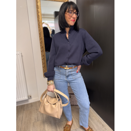 Gilet maille épaisse col victorien bleu marine ou ciel | Taille unique 36-40