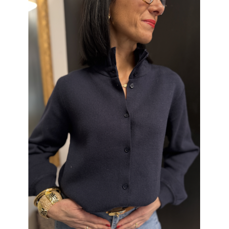 Gilet maille épaisse col victorien bleu marine ou ciel | Taille unique 36-40