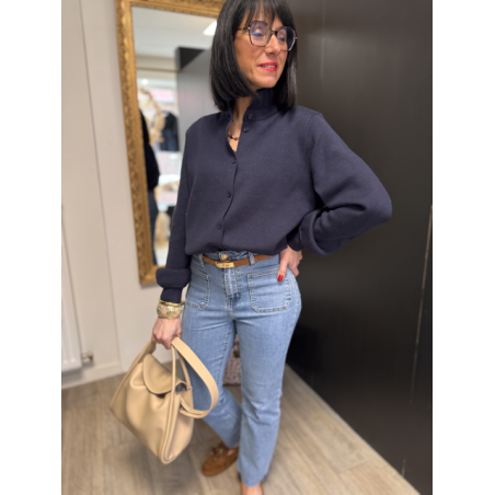 Gilet maille épaisse col victorien bleu marine ou ciel | Taille unique 36-40