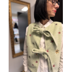 Gilet sans manches vert à fleurs brodées | Noué devant, taille unique