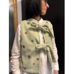 Gilet sans manches vert à fleurs brodées | Noué devant, taille unique