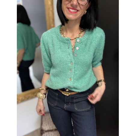 Gilet manches courtes col rond rose ou vert | Taille unique 36-42