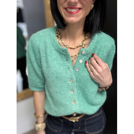 Gilet manches courtes col rond rose ou vert | Taille unique 36-42