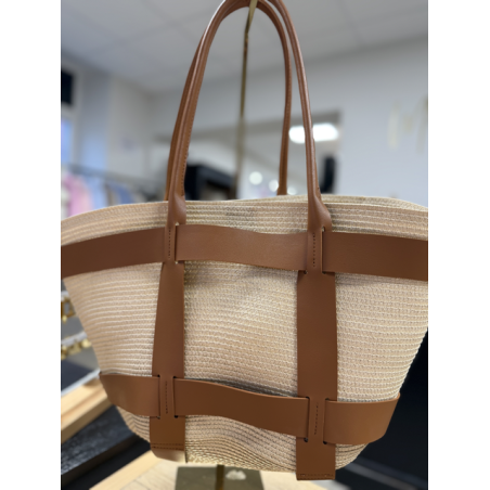 Sac cabas effet raphia avec détails cuir noir ou camel | Grand format shopping