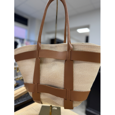 Sac cabas effet raphia avec détails cuir noir ou camel | Grand format shopping