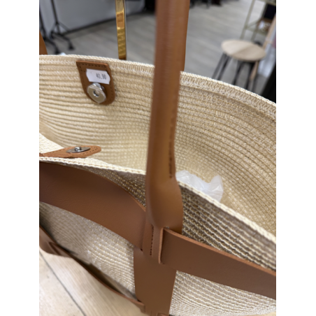Sac cabas effet raphia avec détails cuir noir ou camel | Grand format shopping