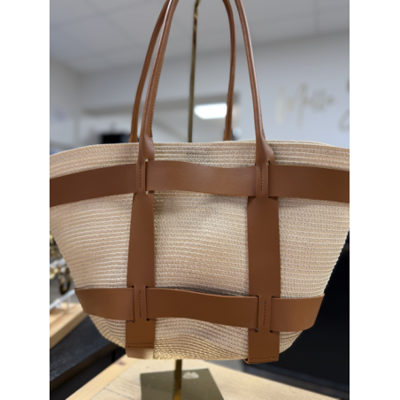 Sac cabas effet raphia avec détails cuir noir ou camel | Grand format shopping