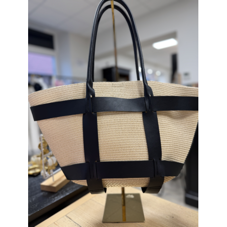 Sac cabas effet raphia avec détails cuir noir ou camel | Grand format shopping
