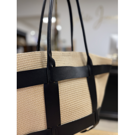 Sac cabas effet raphia avec détails cuir noir ou camel | Grand format shopping