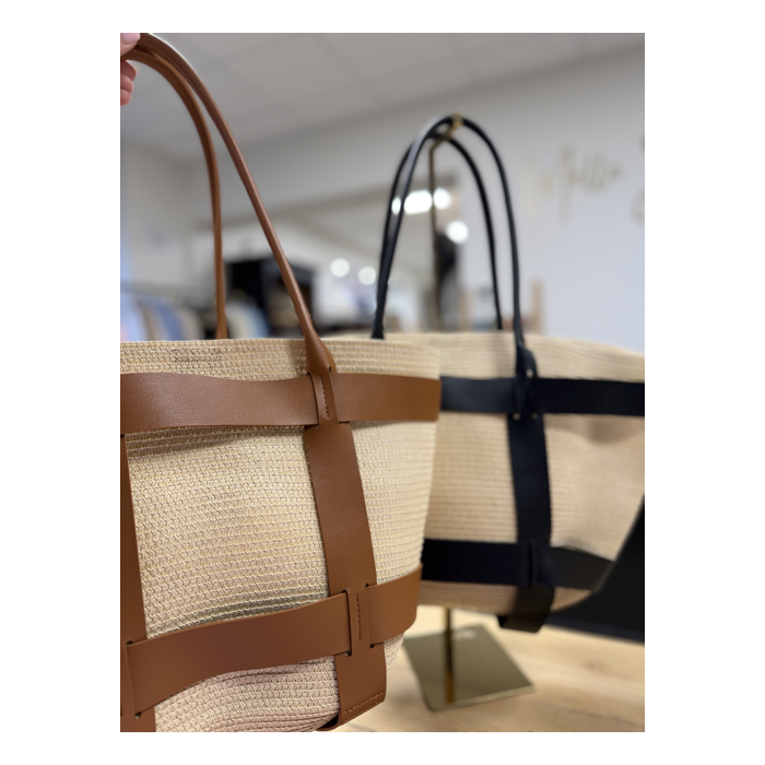 Sac cabas effet raphia avec détails cuir noir ou camel | Grand format shopping