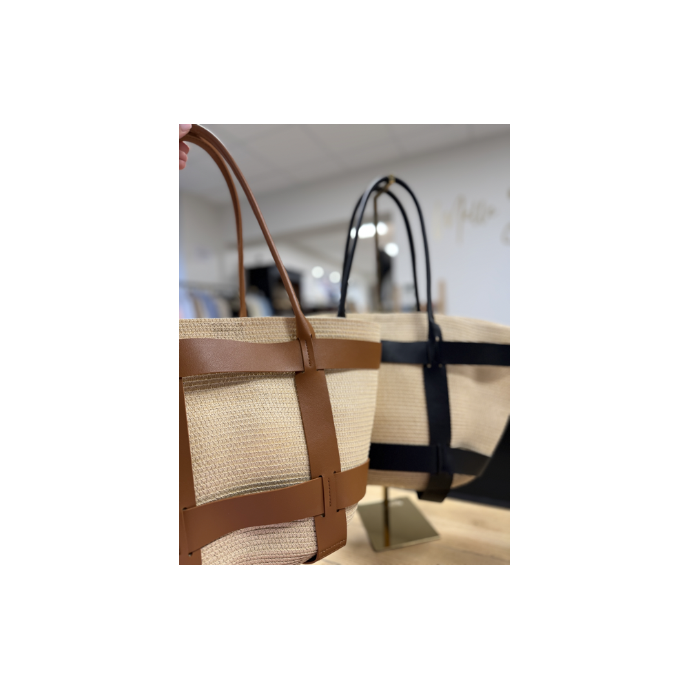 Sac cabas effet raphia avec détails cuir noir ou camel | Grand format shopping