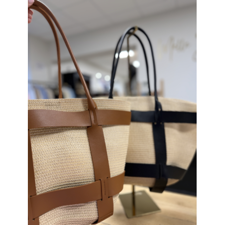 Sac cabas effet raphia avec détails cuir noir ou camel | Grand format shopping