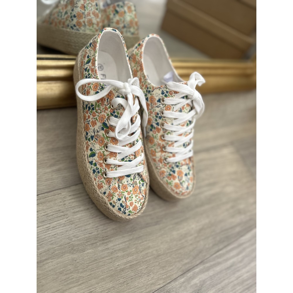 Baskets toile fleurie femme | Semelle détail corde bohème