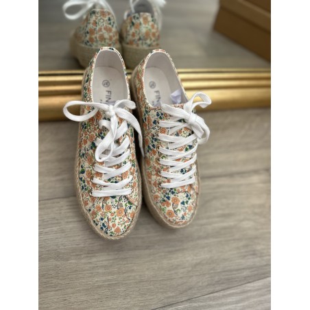 Baskets toile fleurie femme | Semelle détail corde bohème