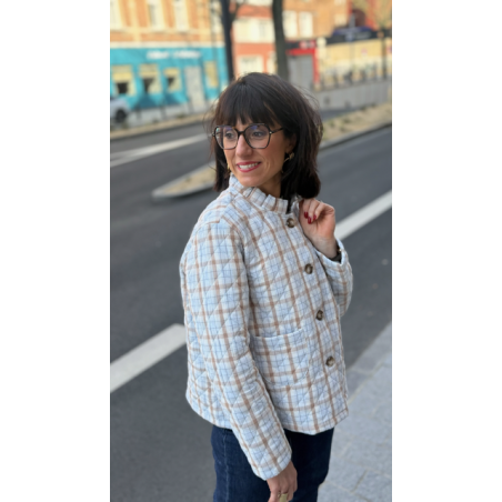 Veste à carreaux Ernest marron et bleu – Veste femme chic | Mademoiselle Jeanne