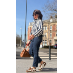 Veste rayée bleu et blanc col victorien – Élégance et charme féminin