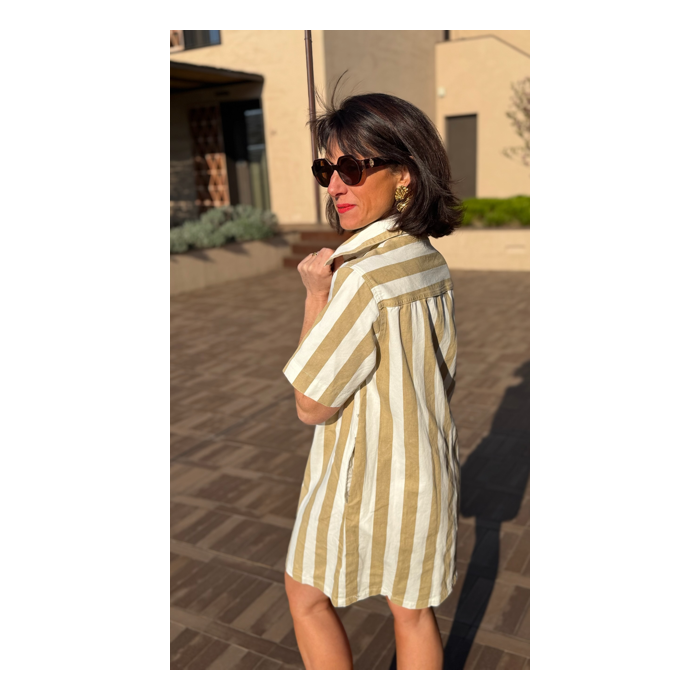 Robe jean rayée femme – Coupe droite beige ou marron | Melle Jeanne