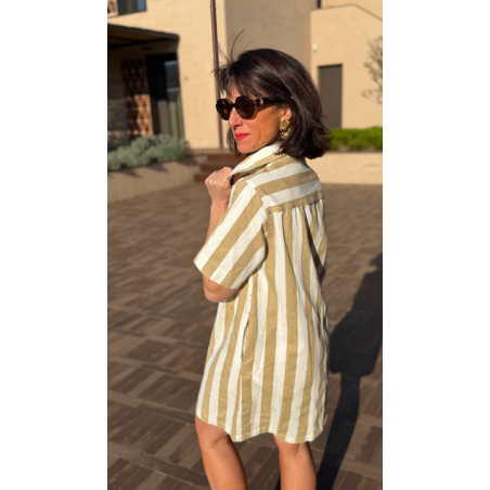 Robe jean rayée femme – Coupe droite beige ou marron | Melle Jeanne