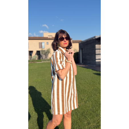 Robe jean rayée femme – Coupe droite beige ou marron | Melle Jeanne