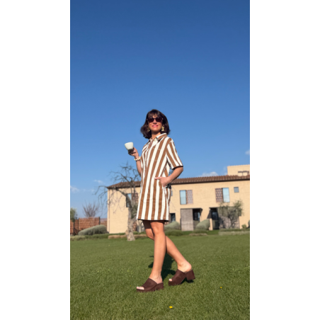 Robe jean rayée femme – Coupe droite beige ou marron | Melle Jeanne